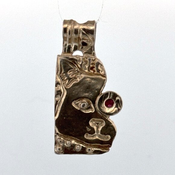Estate Sterling Silver 999 Cat Face Pendant with Ruby Eye, 12.4g No Chain - Picture 1 of 8